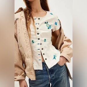 Free People Floral Embroidered Cream Top
